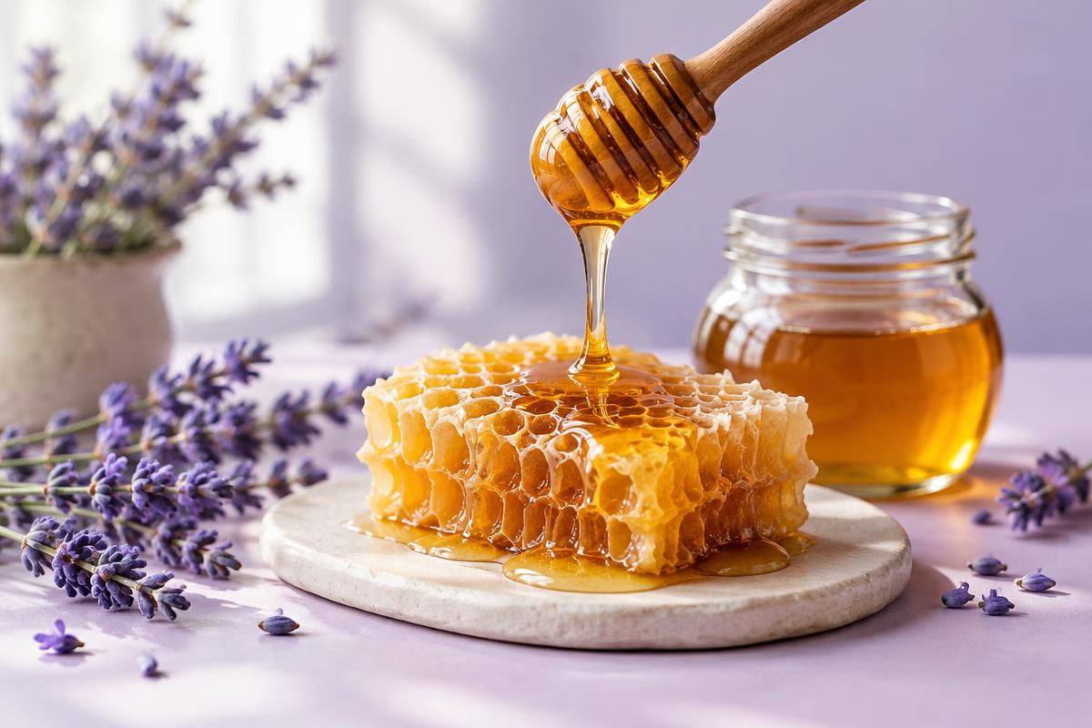 Golden honey dripping from a wooden dipper onto honeycomb