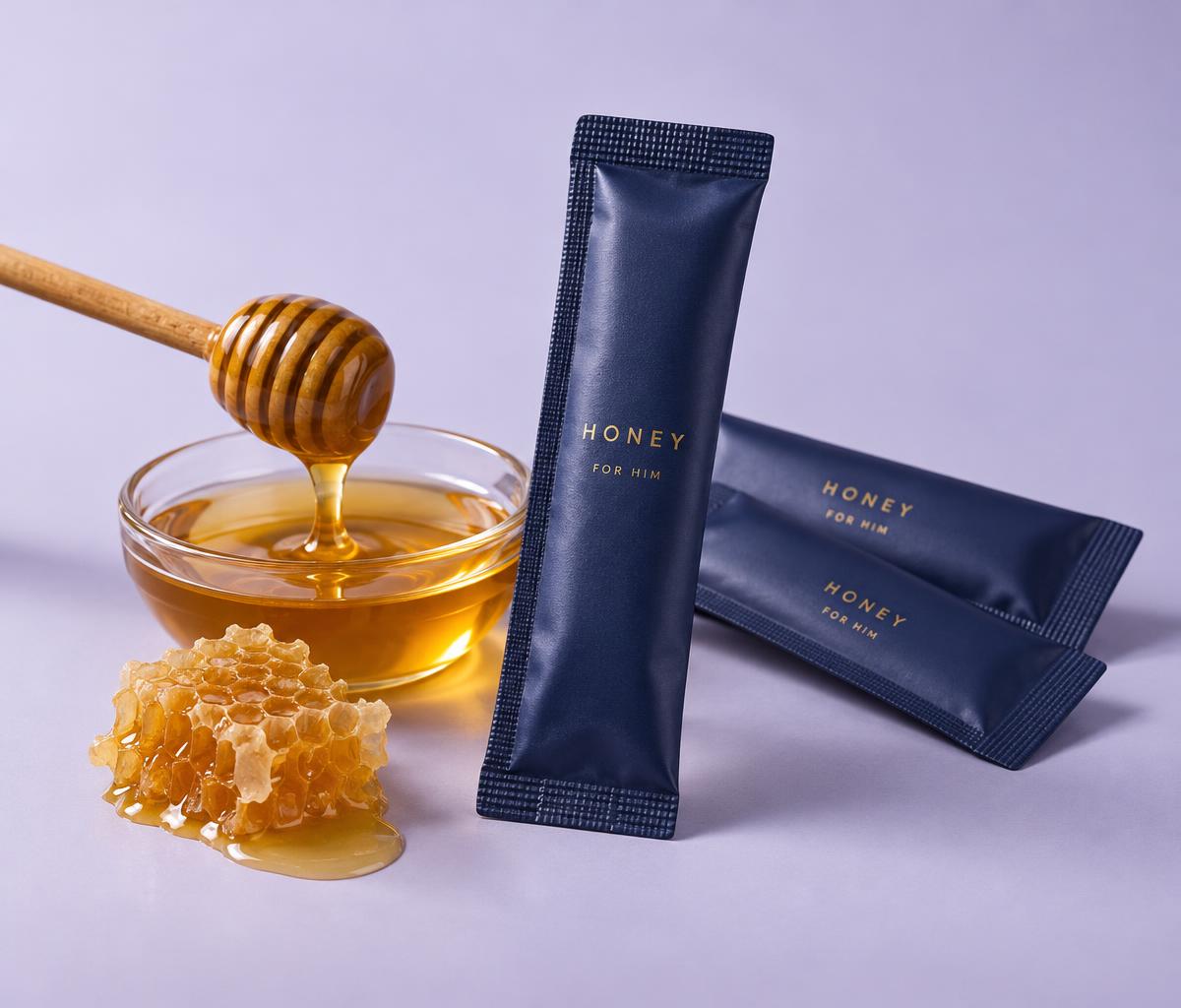 Illustrative honey sachets beside golden honey and honeycomb